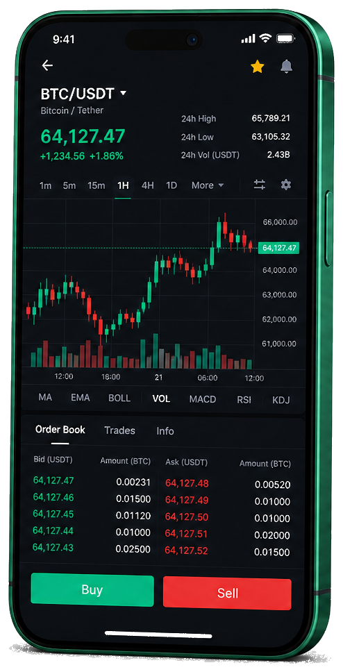 Yenno Xylosのモバイル取引プラットフォーム — ライブのBTC/USDTチャート、注文状況、売買画面